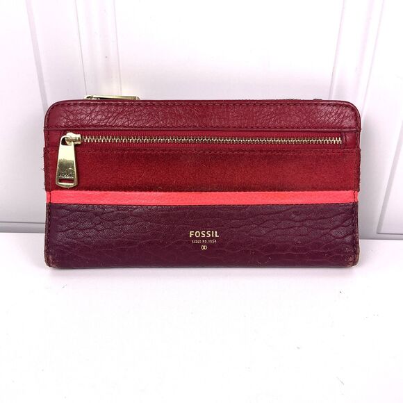 Vintage Fossill Wallet Women's Red/Burgundy/Pink Zip Around Leather Suede Block - Picture 1 of 9